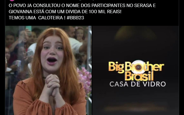 Caloteira? Serasa manda recado para participante da casa de vidro que tem dívida de R$ 100 mil