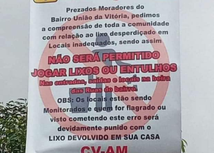 Em Manaus, facção proíbe comunidade de jogar lixo na rua promete punir quem descumprir