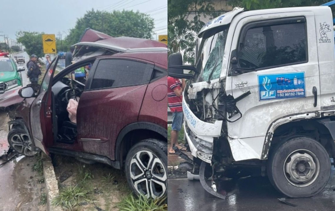 Um carro com crianças atingiu um caminhão na Avenida Ministro João Gomes de Souza, no bairro Distrito Industrial, em Manaus.