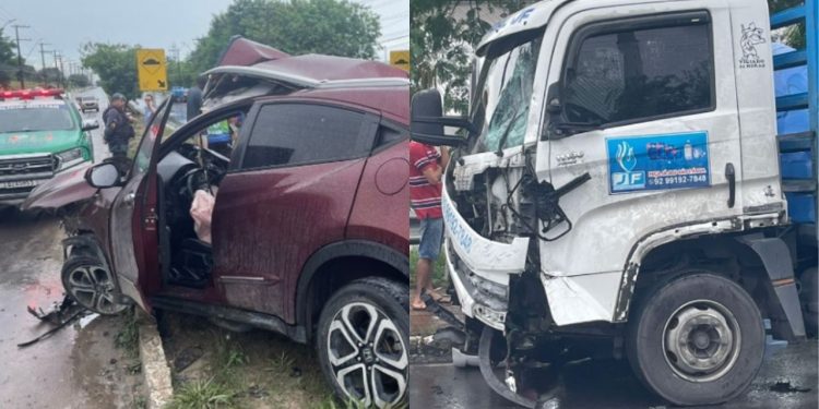 Um carro com crianças atingiu um caminhão na Avenida Ministro João Gomes de Souza, no bairro Distrito Industrial, em Manaus.