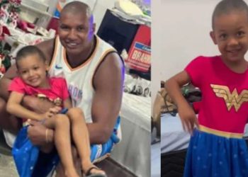 O pai do pequeno Miguel, 4 anos, deu de aniversário um uniforme do personagem favorito: um vestido da Mulher-Maravilha.