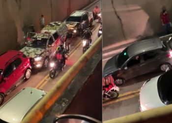 Um adolescente de 17 anos em uma picape ao bater na traseira de uma viatura da Rocam resultou em um engavetamento de três carro.