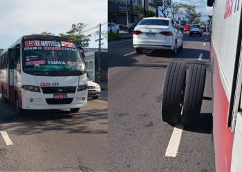 Nesta quarta-feira (1º) passageiros do transporte de um micro-ônibus tiveram um momento desesperador quando a roda soltou do veículo.