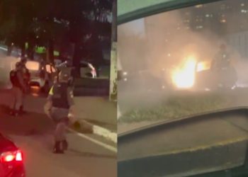Em frente ao Shopping Ponta Negra, um carro pegou fogo nesta segunda-feira (21), na Avenida Coronel Teixeira, em Manaus.