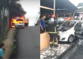 Um carro foi abandonado e depois incendiado em uma ladeira na rua Paraguaçu, no bairro Vila da Prata, zona Oeste de Manaus.