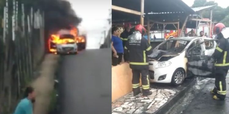 Um carro foi abandonado e depois incendiado em uma ladeira na rua Paraguaçu, no bairro Vila da Prata, zona Oeste de Manaus.