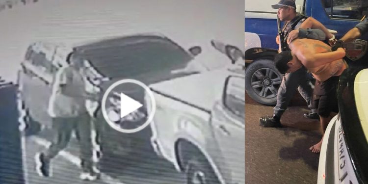 Um homem foi preso por furtar o carro de um PM. O vídeo de uma câmera de segurança de um supermercado registrou toda a ação criminosa.