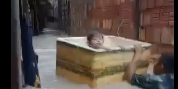 Vídeo: Família retira criança em caixa de isopor de casa totalmente alagada