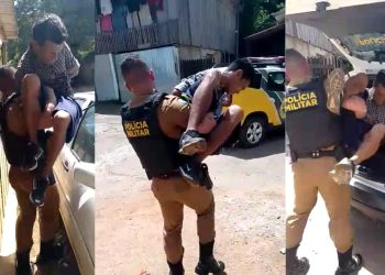 Começou a circular nas redes sociais um vídeo onde mostra um policial militar carregando um homem detido até a viatura.