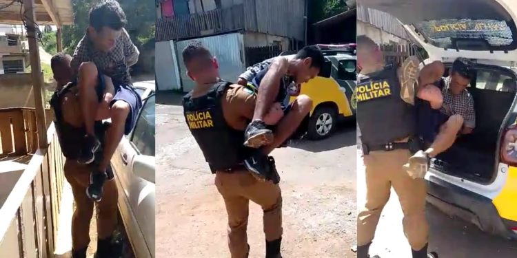 Começou a circular nas redes sociais um vídeo onde mostra um policial militar carregando um homem detido até a viatura.