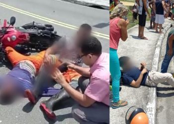 Dois motociclistas ficaram feridos após atingirem um ônibus ao fazerem uma curva na Av. Gov. Danilo de Matos Areosa, em Manaus