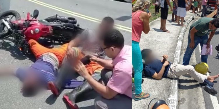 Dois motociclistas ficaram feridos após atingirem um ônibus ao fazerem uma curva na Av. Gov. Danilo de Matos Areosa, em Manaus