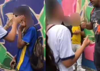 Um vídeo divulgado nas redes sociais, mostra o momento em que um aluno leva vários tapas na cara desferidos por uma colega. Vídeo: