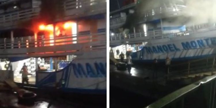 Uma embarcação pegou fogo na noite de terça-feira (18), no Roadway da Manaus Moderna, bairro Centro, zona sul da capital. Embarcação pega