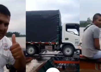 Balsa é para os fracos: dupla transporta caminhão na proa de rabeta