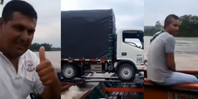 Balsa é para os fracos: dupla transporta caminhão na proa de rabeta