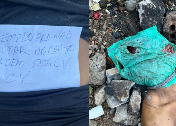 Um homem, ainda não identificado, foi encontrado morto com sinais de asfixia e um bilhete foi deixado ao lado corpo: ‘Exemplo. Homem é