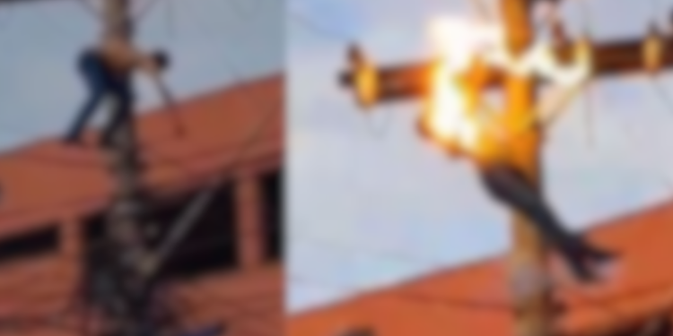 Um homem, aparentemente alcoolizado, subiu em um poste de energia, tentou se equilibrar sobre os fios de alta tensão até. Homem bêbado