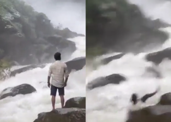 Vídeo registra momento em que jovem escorrega e some em cachoeira