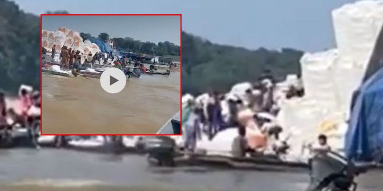 Veja momento em que balsa com alimentos encalha e é saqueada no Rio Madeira