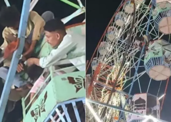 Uma mulher ficou com os cabelos presos à uma roda-gigante em um parque de diversões. O caso aconteceu em Dwarka, na Índia. Mulher fica