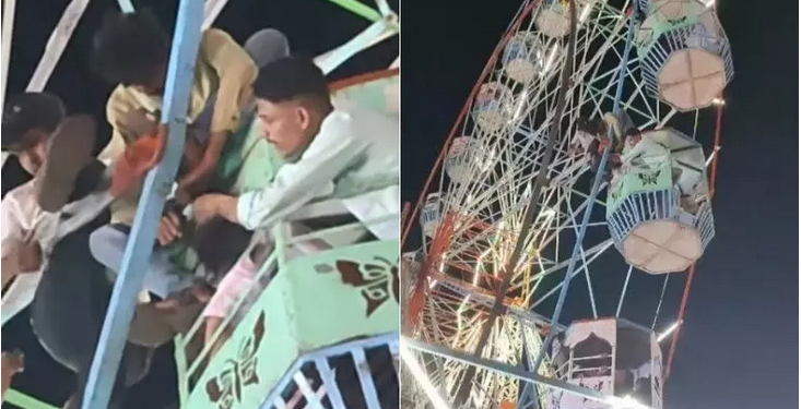 Uma mulher ficou com os cabelos presos à uma roda-gigante em um parque de diversões. O caso aconteceu em Dwarka, na Índia. Mulher fica