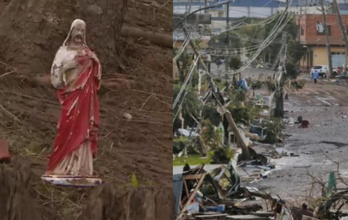 Estátua de Jesus Cristo é encontrada intacta em meio a escombros após passagem de ciclone