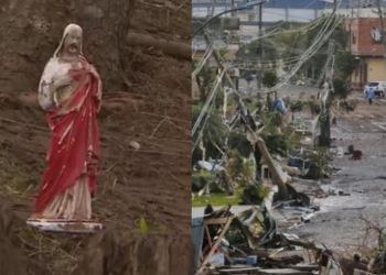 ​Estátua de Jesus Cristo é encontrada intacta em meio a escombros após passagem de ciclone