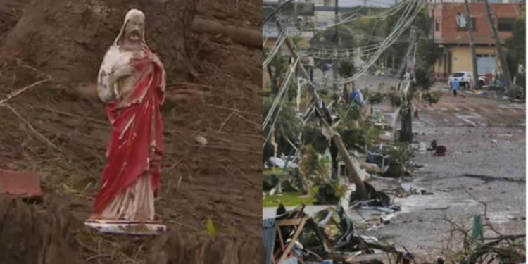 ​Estátua de Jesus Cristo é encontrada intacta em meio a escombros após passagem de ciclone