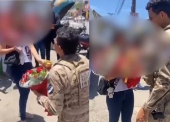 Vídeo: Policial militar pede adolescente em casamento na porta de escola