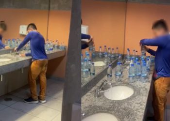 Vídeo mostra vendedor de água enchendo garrafas na pia do banheiro durante o jogo do Amazonas FC