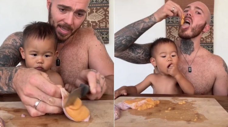 Um pai tem alimentado o filho de apenas 1 ano com testículos crus. Pauly Long, de 31 anos, vive na ilha indonésia de Bali. Pai viraliza