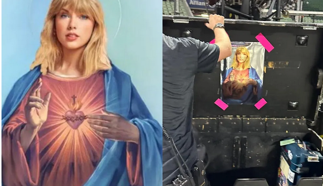 Taylor Swift, de 33 anos de idade, causou polêmica ao ter seu rosto numa suposta foto que representa Jesus num equipamento da The Eras Tour.