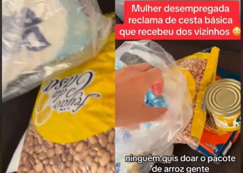 Mulher desempregada posta vídeo reclamando de cesta básica que recebeu de vizinhos; veja