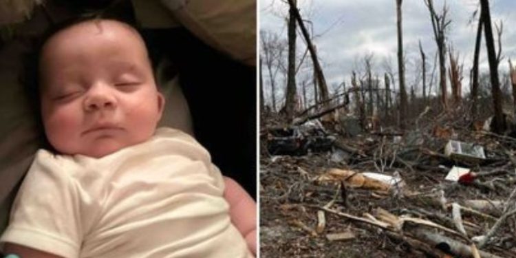 Um bebê foi achado vivo em cima de uma árvore caída após ter sido levado por um tornado no Tennessee, nos Estados Unidos. Tornado leva