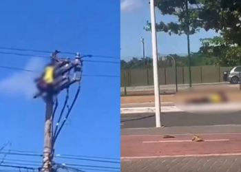 Na tarde desta terça-feira (2), um homem caiu de um poste na Avenida Pinto de Aguiar, em Salvador, enquanto tentava. Vídeo: