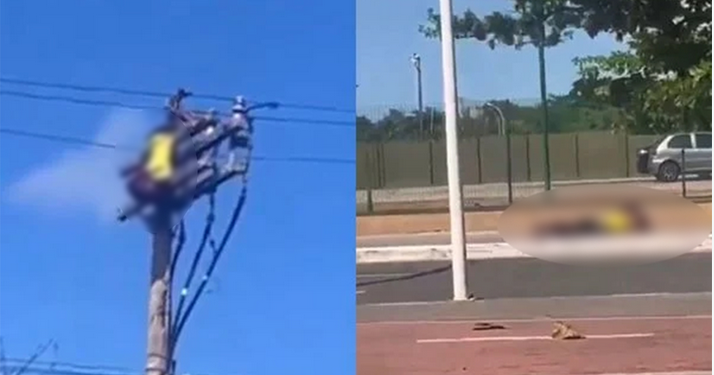 Na tarde desta terça-feira (2), um homem caiu de um poste na Avenida Pinto de Aguiar, em Salvador, enquanto tentava. Vídeo: