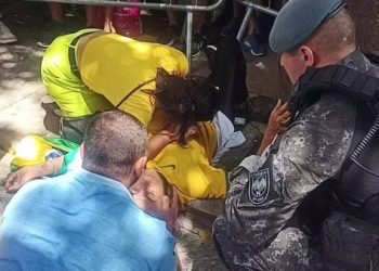 Uma mulher, que não teve a identidade divulgada, foi socorrida após cair de uma árvore durante ato, Mulher cai