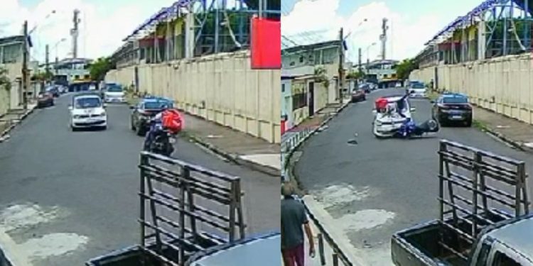Câmera registra colisão entre motoboy e carro no São Jorge; assista