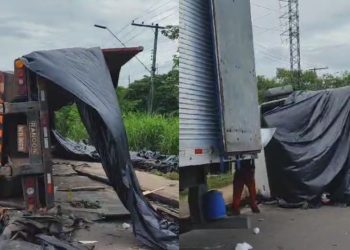 Carreta que transportava carga de MDF tomba na Avenida Buriti