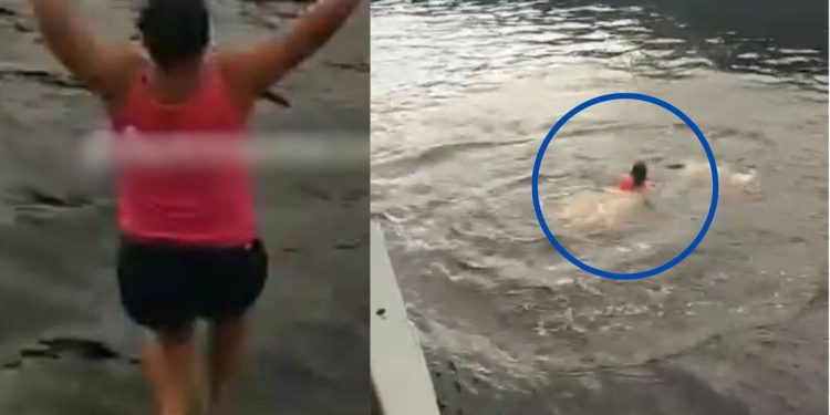 Uma mulher, não identificada, viralizou na internet após pular de um barco em movimento e nadar até o. Vídeo: