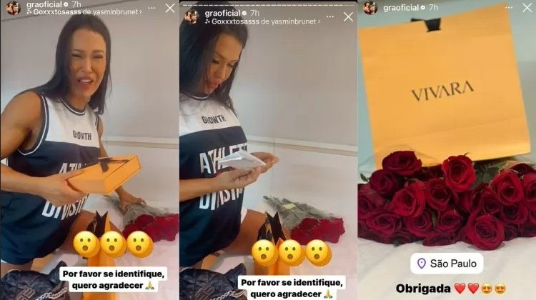 Gracyanne Barbosa, 40, mostrou que ganhou um buquê de flores e joias de um admirador secreto na noite da. Gracyanne ganha
