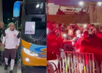 Gabigol é ovacionado em Manaus e abraça torcedores na porta de hotel