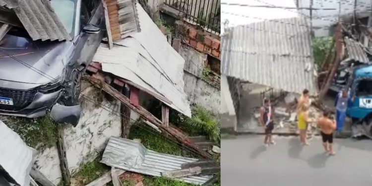 Caminhão que deixou frente de casa destruída no São Raimundo desceu a ladeira 'com tudo' e atingiu dois veículos; veja
