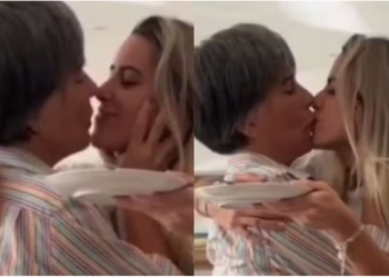 Gloria Pires, de 60 anos de idade, encheu uma das filhas de selinhos, e o vídeo viralizou, nesta quinta. Gloria