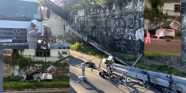 Duas pessoas ficaram feridas após o carro em que estavam colidir com um poste na madrugada desta segunda. Carro colide