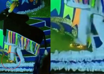 Tripa do Caprichoso apaga princípio de incêndio com o pé na alegoria