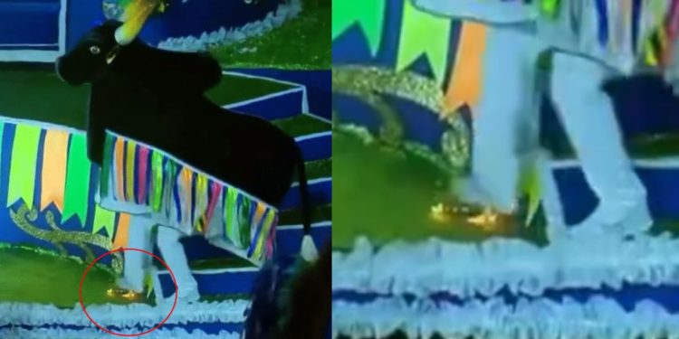 Tripa do Caprichoso apaga princípio de incêndio com o pé na alegoria