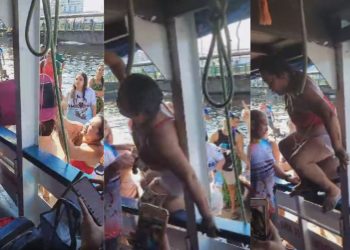 “Eu paguei, eu vou, p0rr4!”: Com sangue nos olhos, torcedora do Garantido entra à força no barco rumo a Parintins