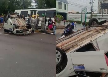 Um carro capotou após o motorista desviar de um pedestre para evitar o atropelamento. O acidente aconteceu. Motorista desvia
